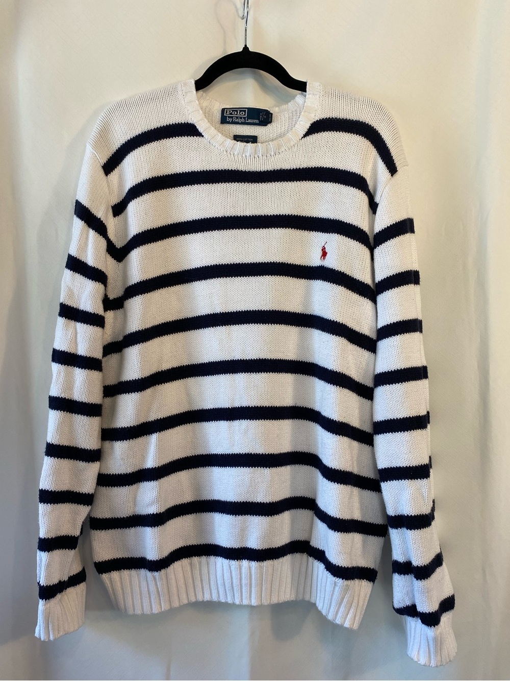 Vintage Polo By Ralph Lauren Mens Nautical White & Navy Striped Crewneck Sweater